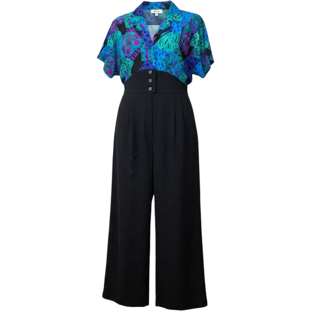 Joan Walters Vintage 80s Jumpsuit Abstract Print Wide Leg High Waist Blue Size6P